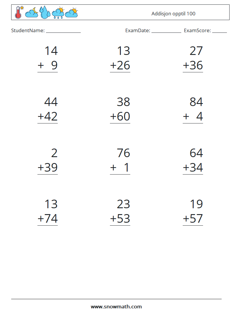 (12) Addisjon opptil 100 MathWorksheets 14