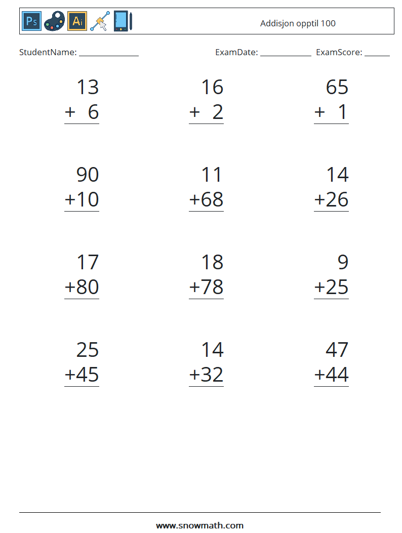 (12) Addisjon opptil 100 MathWorksheets 15