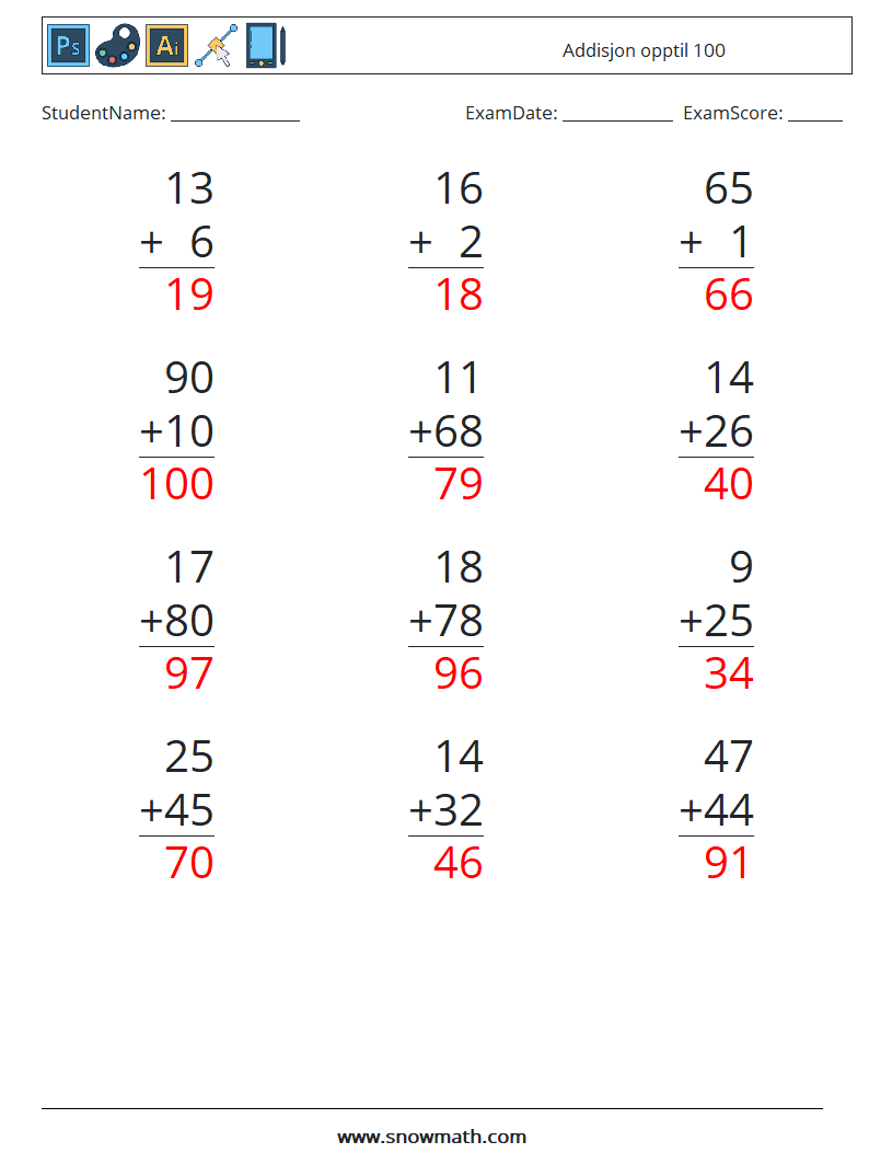 (12) Addisjon opptil 100 MathWorksheets 15 QuestionAnswer