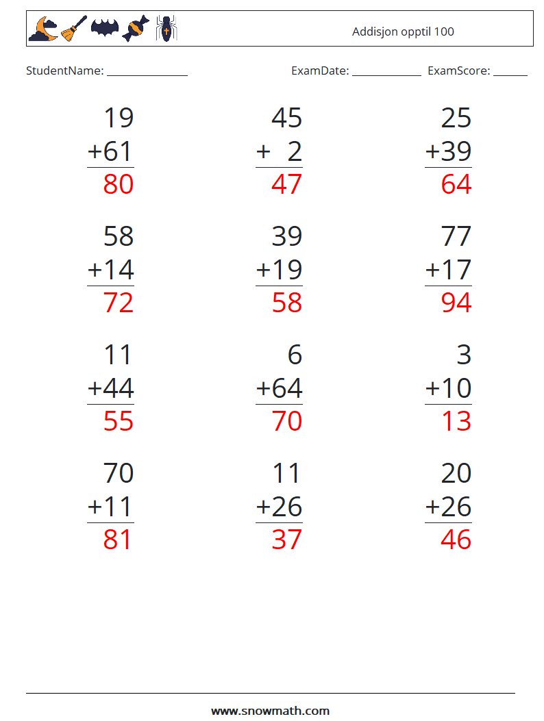 (12) Addisjon opptil 100 MathWorksheets 16 QuestionAnswer