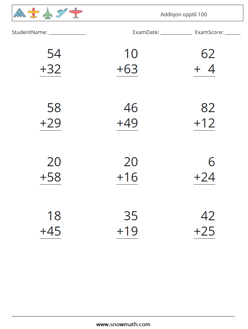 (12) Addisjon opptil 100 MathWorksheets 17