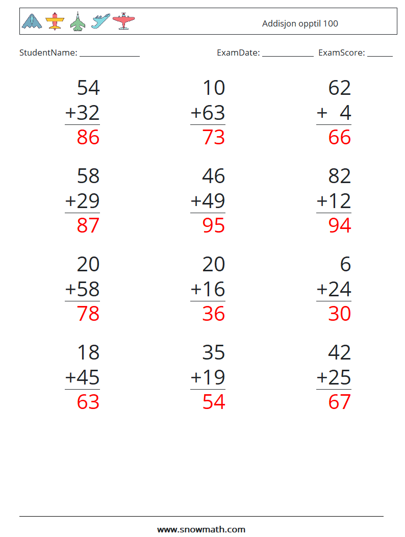 (12) Addisjon opptil 100 MathWorksheets 17 QuestionAnswer