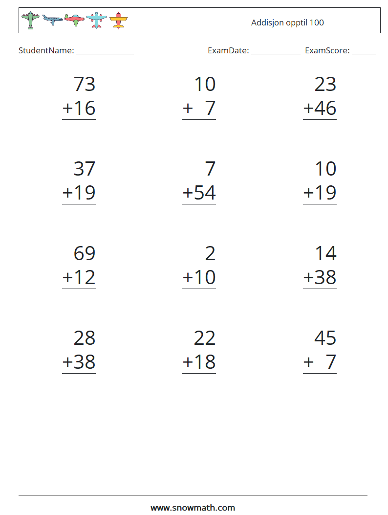 (12) Addisjon opptil 100 MathWorksheets 18