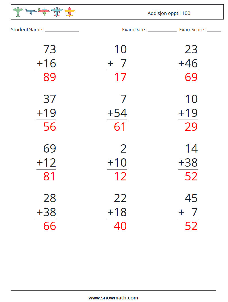 (12) Addisjon opptil 100 MathWorksheets 18 QuestionAnswer