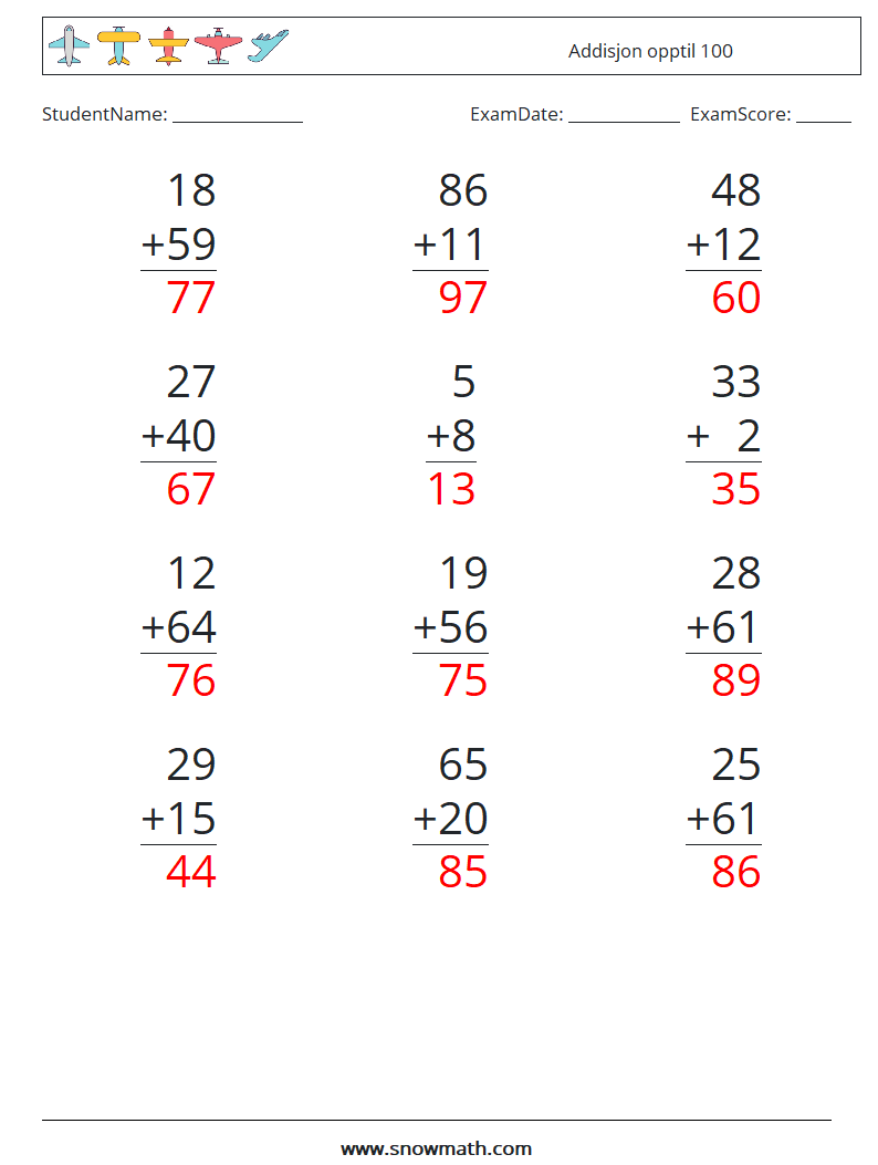 (12) Addisjon opptil 100 MathWorksheets 1 QuestionAnswer