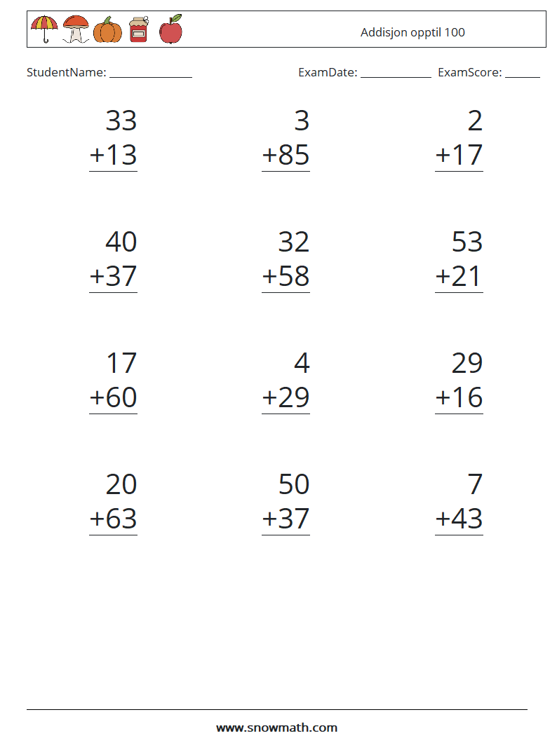 (12) Addisjon opptil 100 MathWorksheets 3