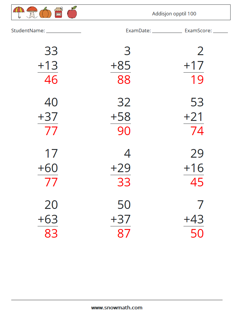 (12) Addisjon opptil 100 MathWorksheets 3 QuestionAnswer