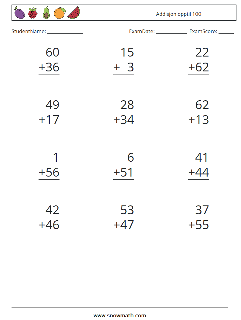 (12) Addisjon opptil 100 MathWorksheets 4