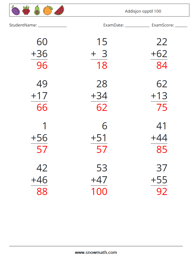 (12) Addisjon opptil 100 MathWorksheets 4 QuestionAnswer