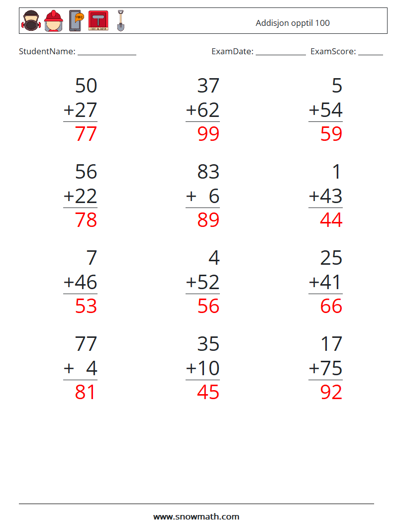 (12) Addisjon opptil 100 MathWorksheets 5 QuestionAnswer