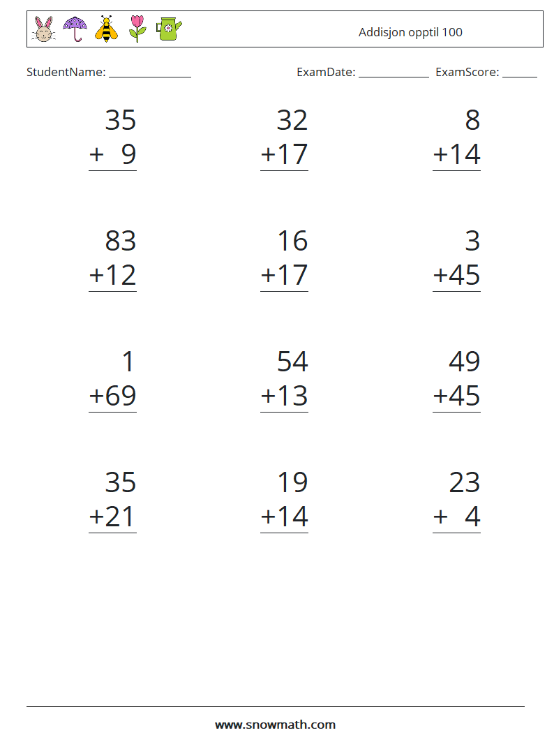 (12) Addisjon opptil 100 MathWorksheets 6