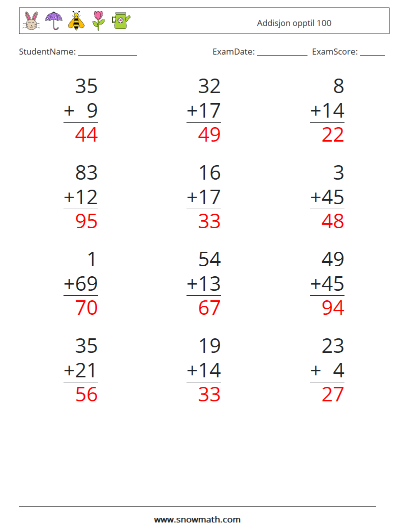 (12) Addisjon opptil 100 MathWorksheets 6 QuestionAnswer