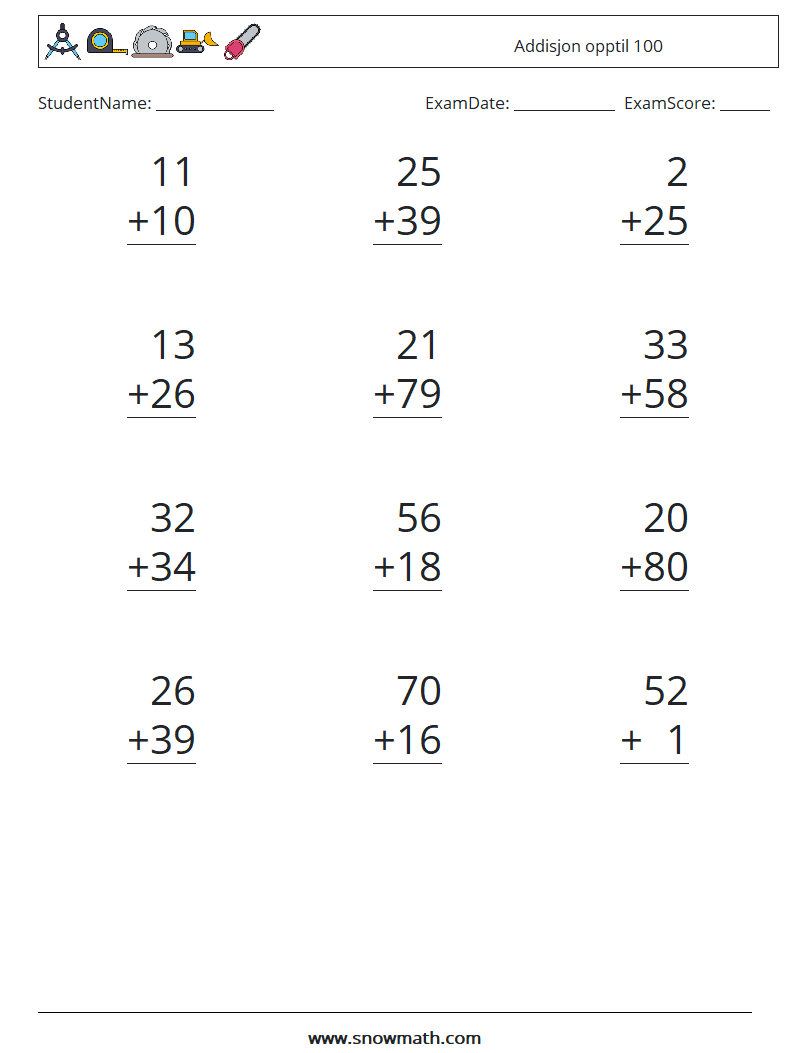 (12) Addisjon opptil 100 MathWorksheets 7