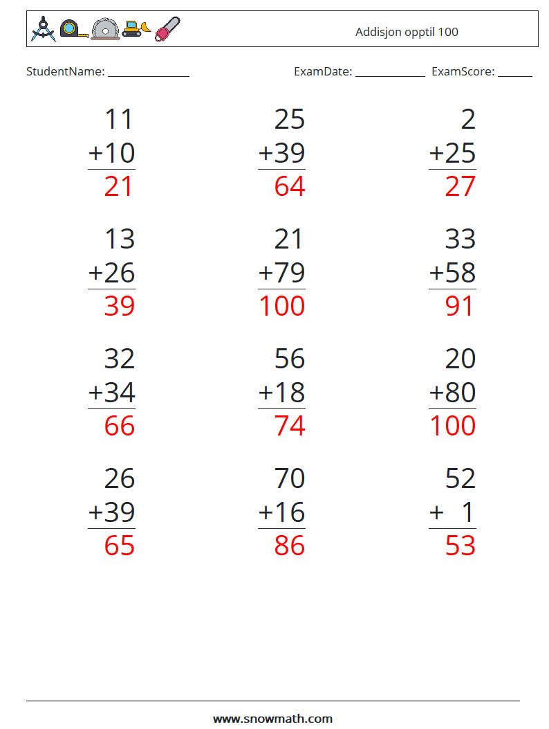 (12) Addisjon opptil 100 MathWorksheets 7 QuestionAnswer