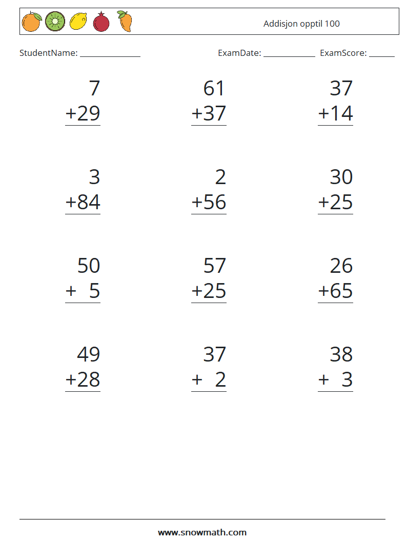 (12) Addisjon opptil 100 MathWorksheets 8