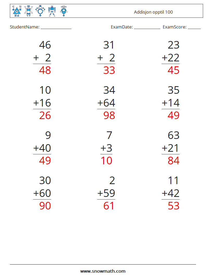 (12) Addisjon opptil 100 MathWorksheets 9 QuestionAnswer