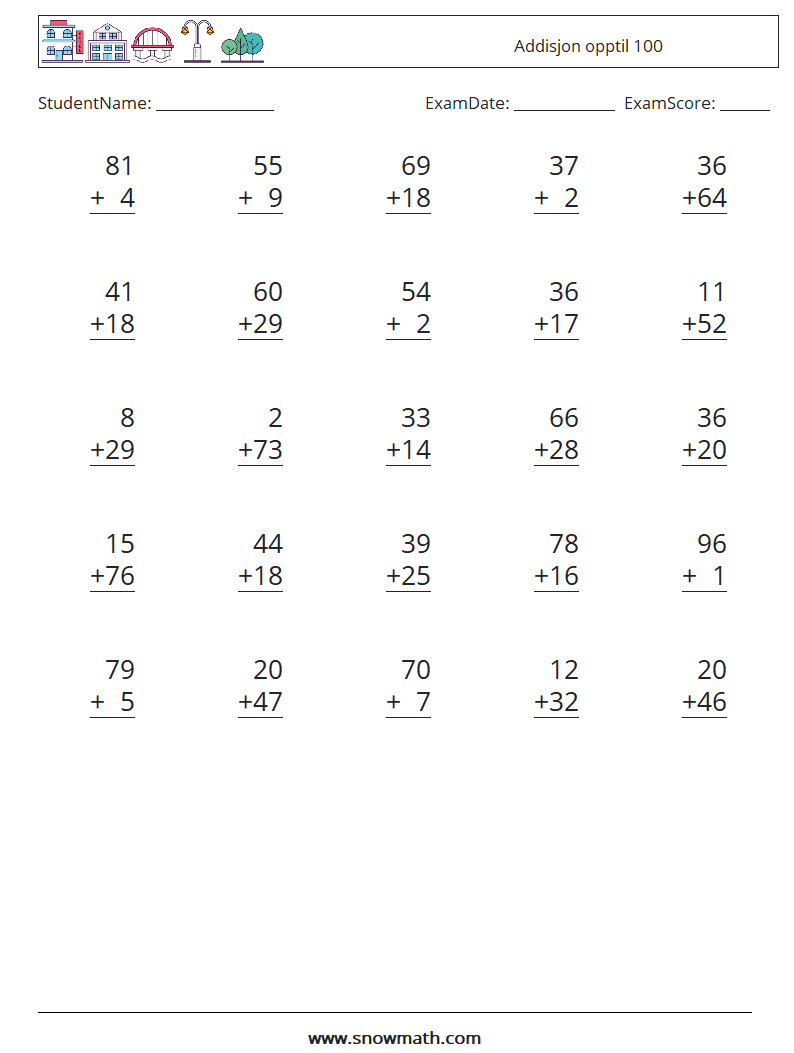 (25) Addisjon opptil 100 MathWorksheets 11