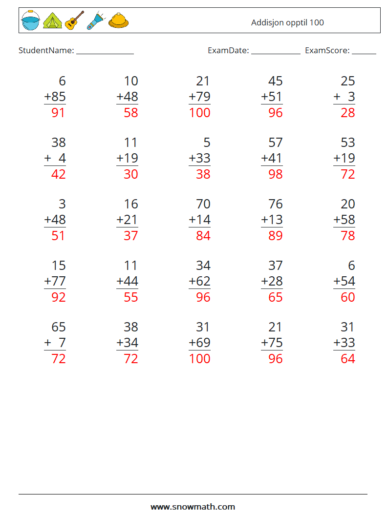 (25) Addisjon opptil 100 MathWorksheets 13 QuestionAnswer