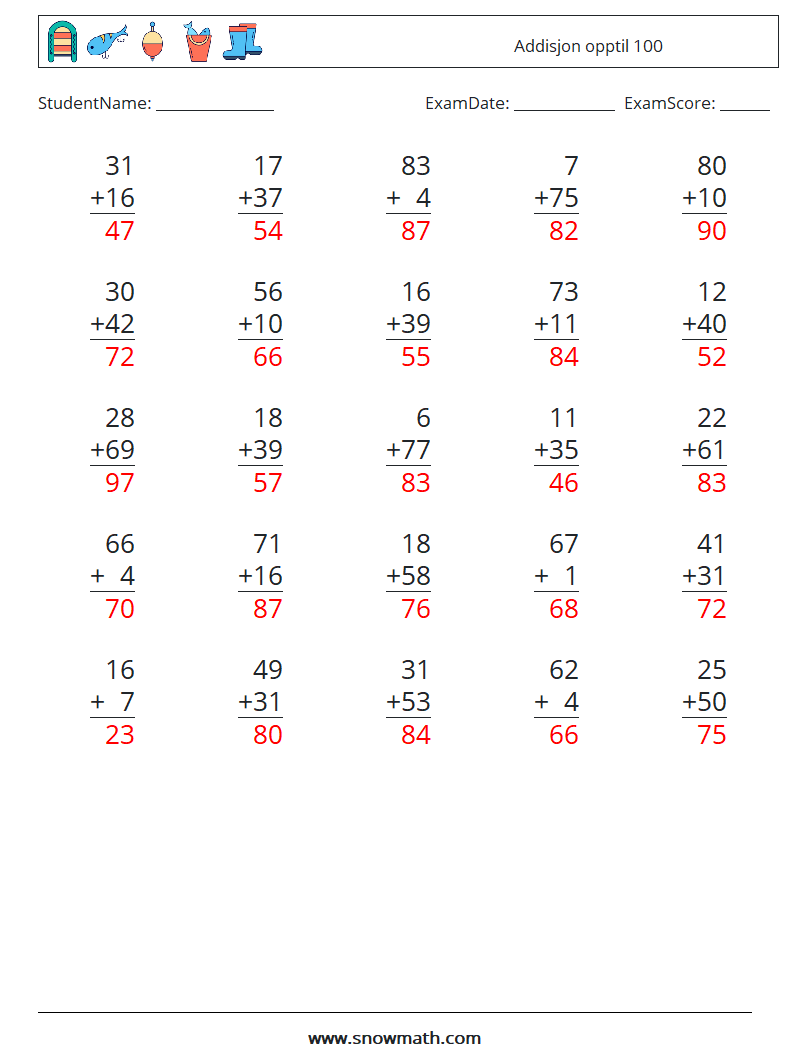 (25) Addisjon opptil 100 MathWorksheets 16 QuestionAnswer