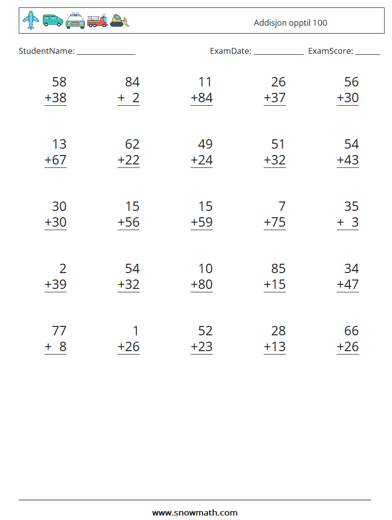 (25) Addisjon opptil 100 MathWorksheets 2