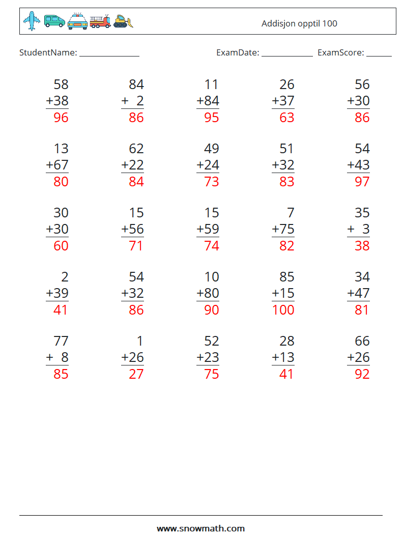 (25) Addisjon opptil 100 MathWorksheets 2 QuestionAnswer