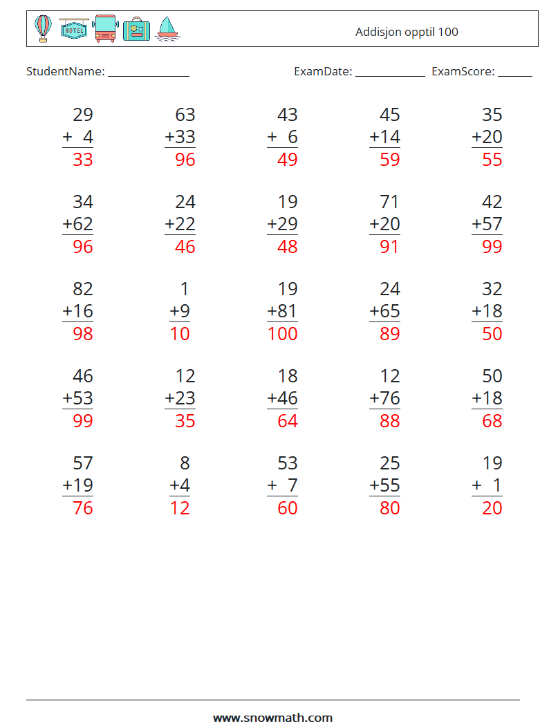 (25) Addisjon opptil 100 MathWorksheets 4 QuestionAnswer