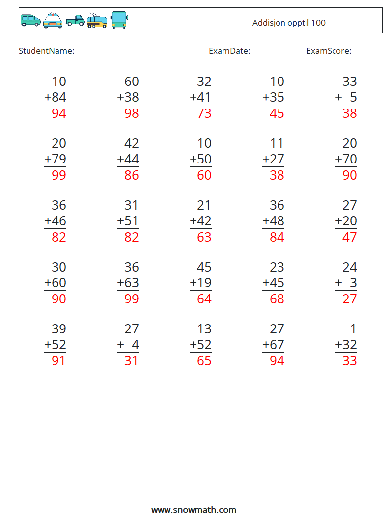 (25) Addisjon opptil 100 MathWorksheets 5 QuestionAnswer