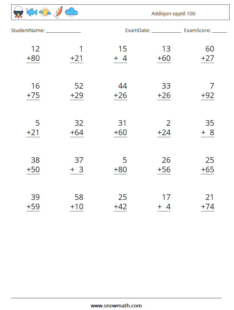 (25) Addisjon opptil 100 MathWorksheets 6