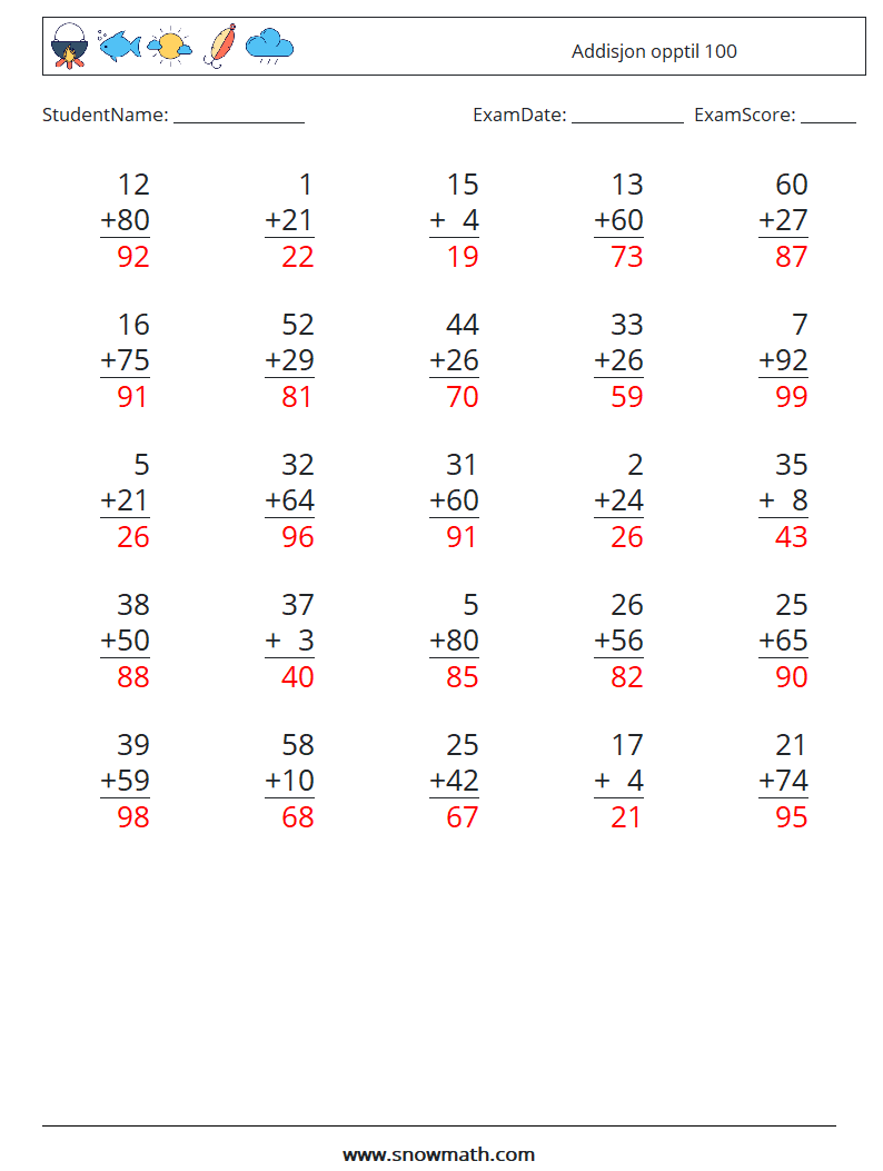 (25) Addisjon opptil 100 MathWorksheets 6 QuestionAnswer