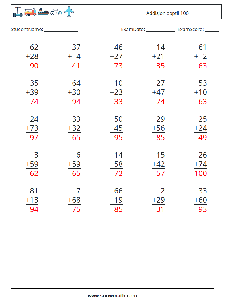 (25) Addisjon opptil 100 MathWorksheets 7 QuestionAnswer