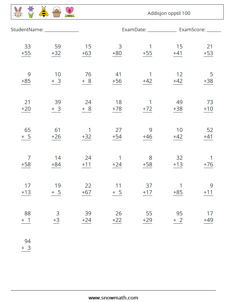 (50) Addisjon opptil 100 MathWorksheets 10