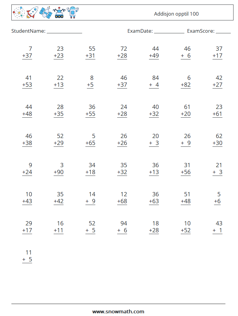 (50) Addisjon opptil 100 MathWorksheets 13