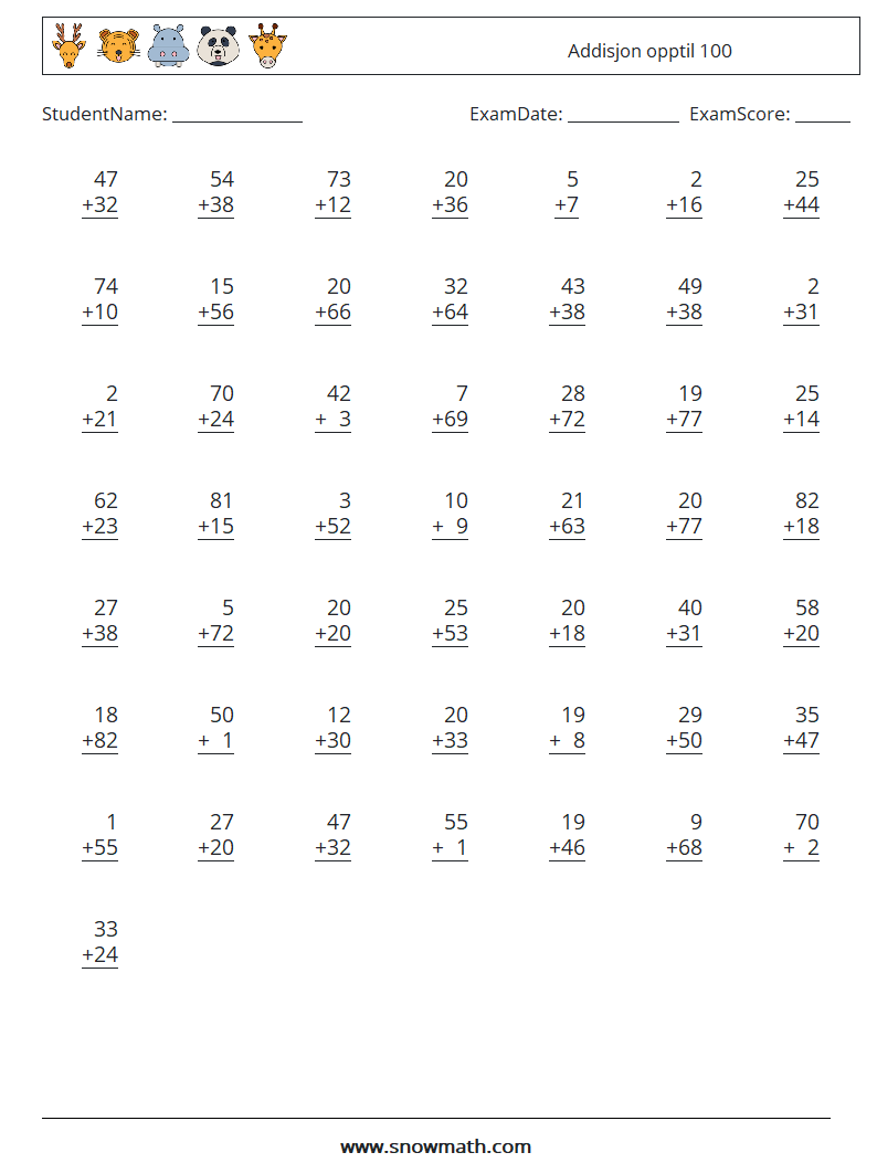 (50) Addisjon opptil 100 MathWorksheets 17