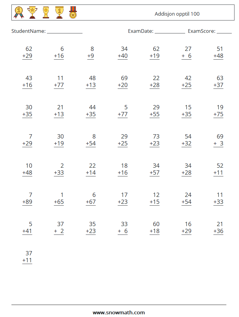 (50) Addisjon opptil 100 MathWorksheets 18