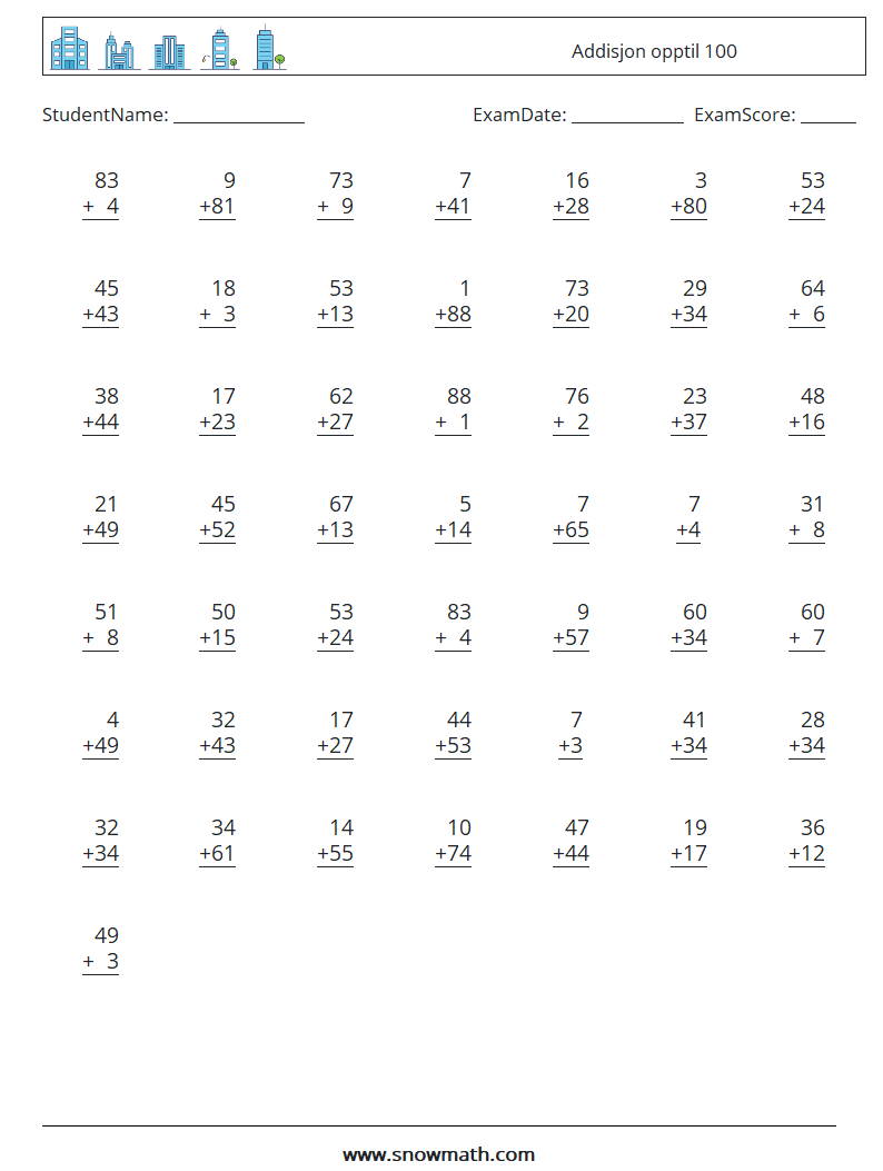 (50) Addisjon opptil 100 MathWorksheets 2