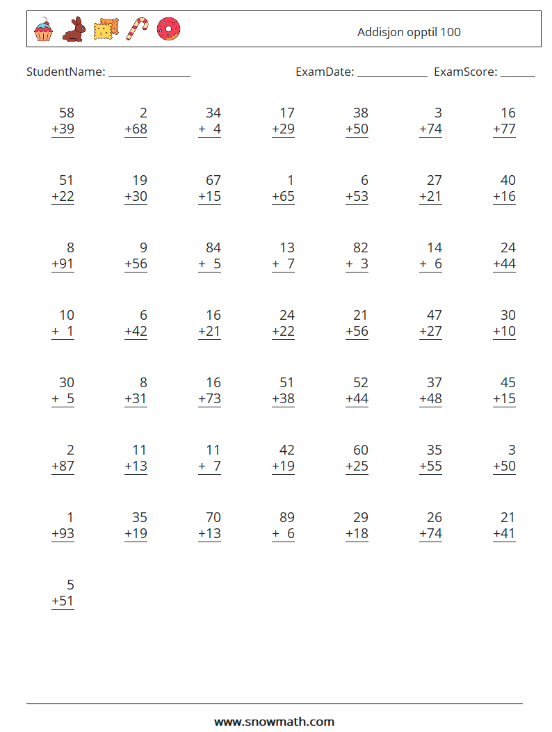 (50) Addisjon opptil 100 MathWorksheets 4