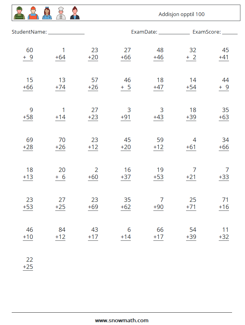 (50) Addisjon opptil 100 MathWorksheets 5