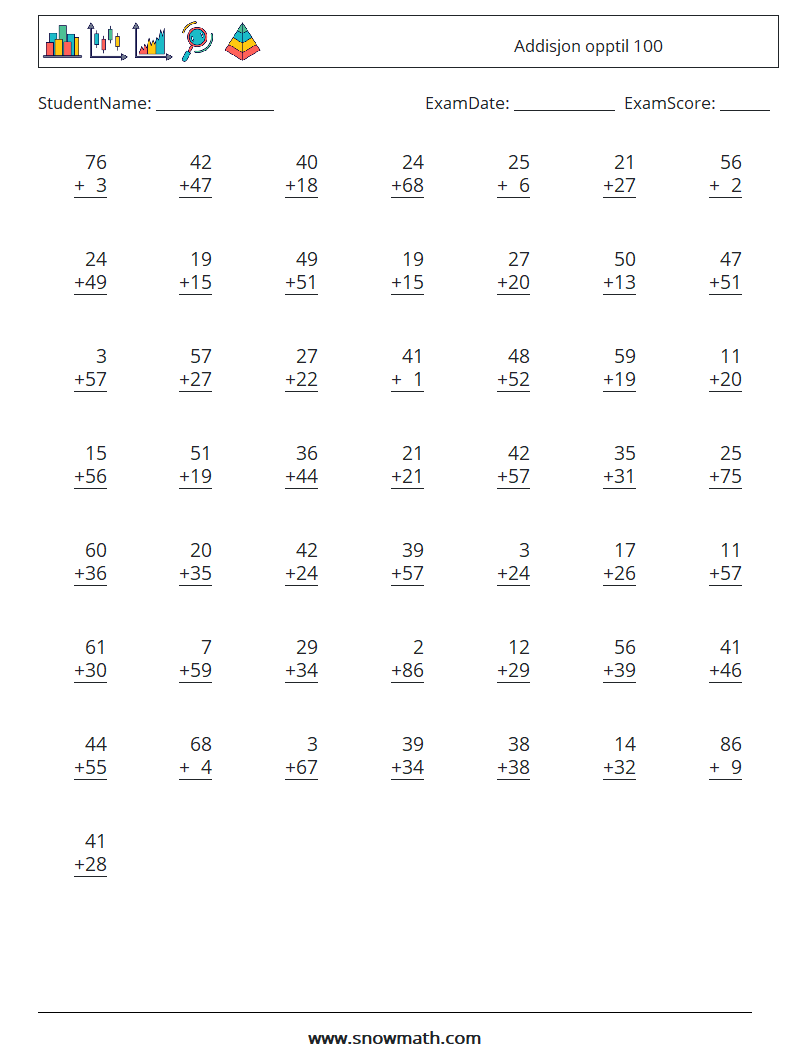 (50) Addisjon opptil 100 MathWorksheets 9