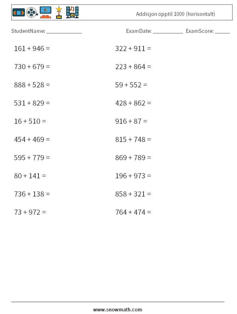 (20) Addisjon opptil 1000 (horisontalt) MathWorksheets 1