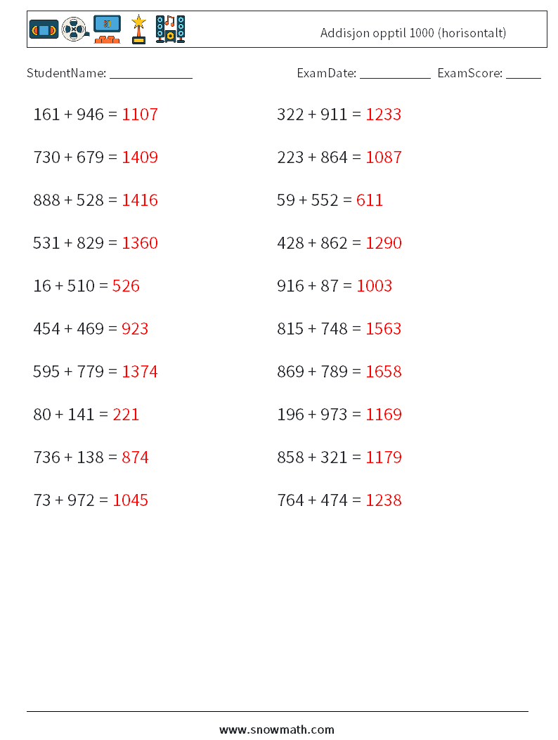 (20) Addisjon opptil 1000 (horisontalt) MathWorksheets 1 QuestionAnswer