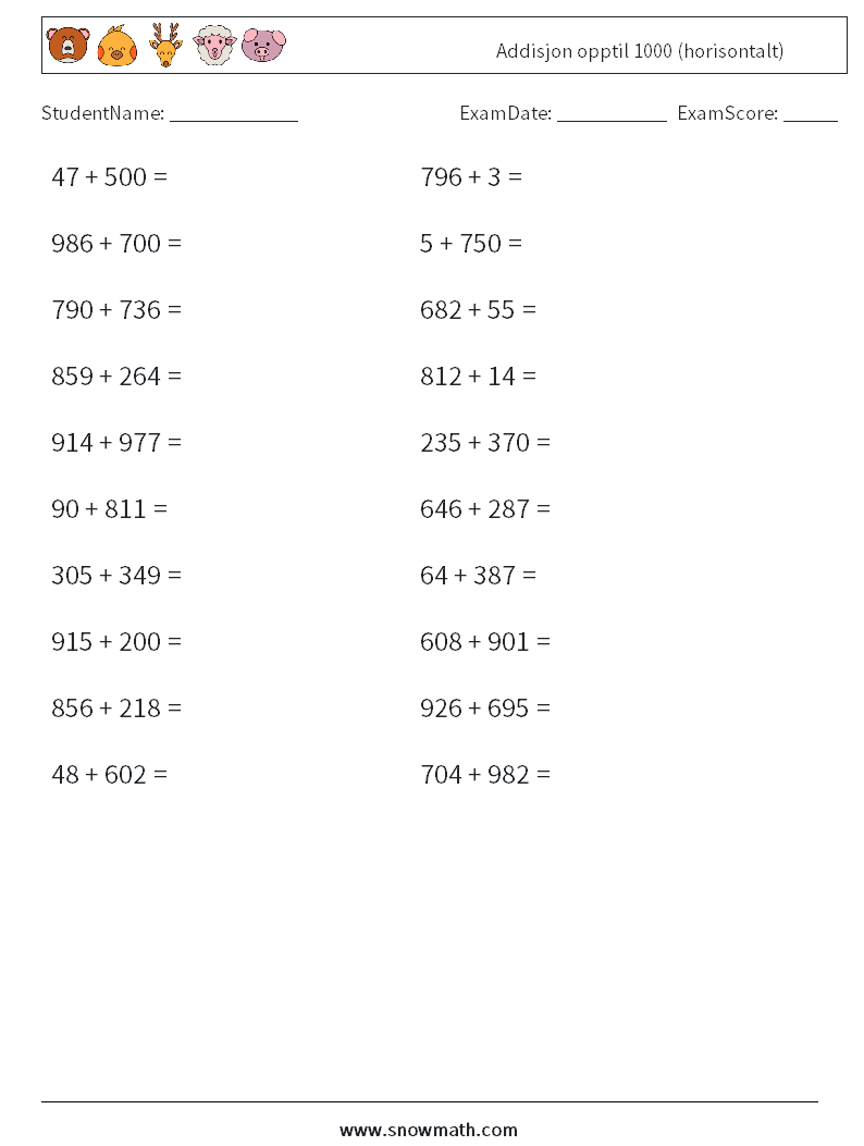 (20) Addisjon opptil 1000 (horisontalt) MathWorksheets 2