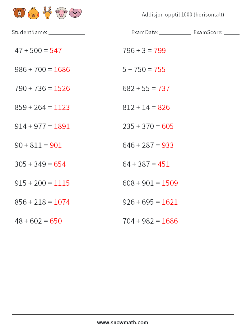 (20) Addisjon opptil 1000 (horisontalt) MathWorksheets 2 QuestionAnswer