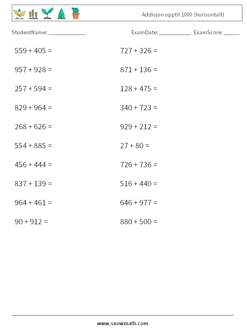 (20) Addisjon opptil 1000 (horisontalt) MathWorksheets 3