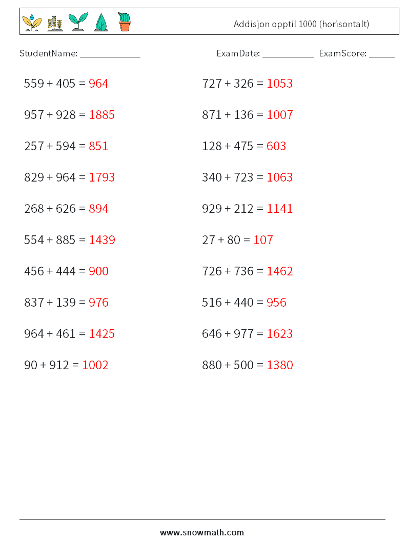 (20) Addisjon opptil 1000 (horisontalt) MathWorksheets 3 QuestionAnswer