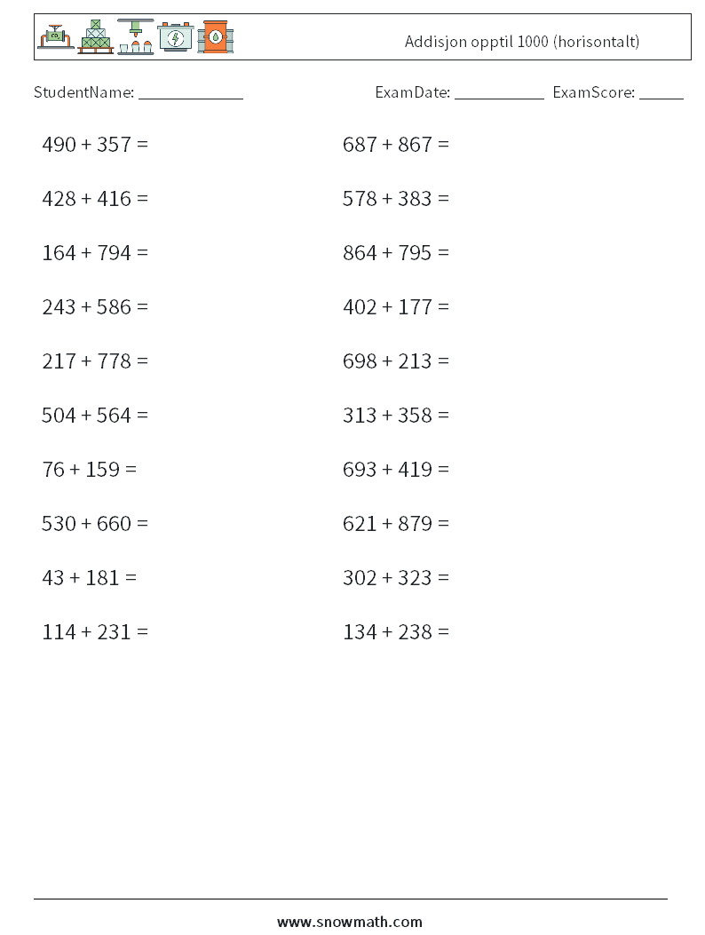 (20) Addisjon opptil 1000 (horisontalt) MathWorksheets 4