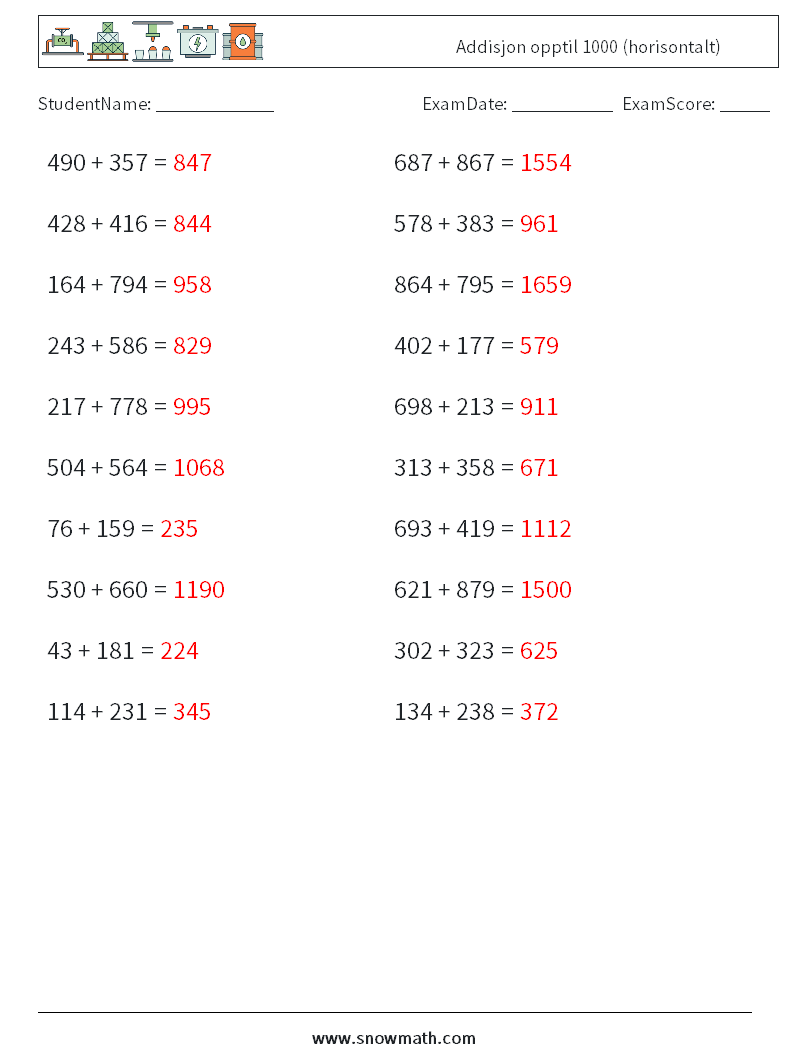 (20) Addisjon opptil 1000 (horisontalt) MathWorksheets 4 QuestionAnswer