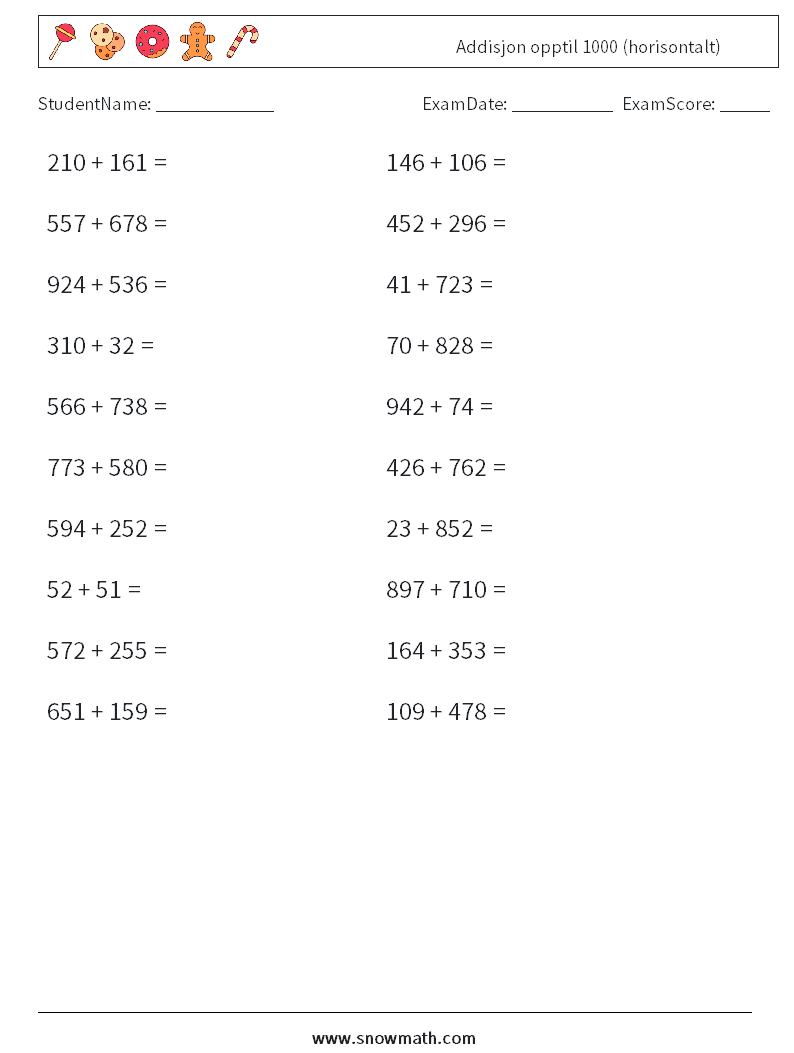 (20) Addisjon opptil 1000 (horisontalt) MathWorksheets 5