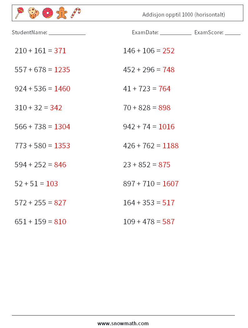 (20) Addisjon opptil 1000 (horisontalt) MathWorksheets 5 QuestionAnswer