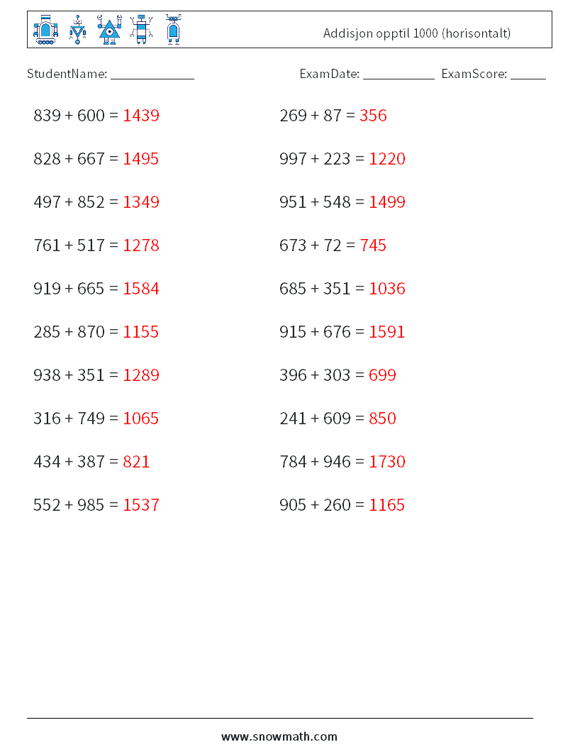 (20) Addisjon opptil 1000 (horisontalt) MathWorksheets 6 QuestionAnswer