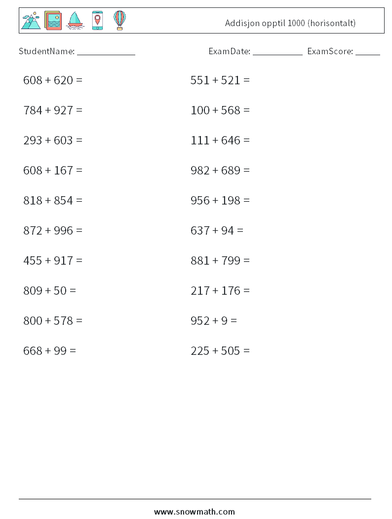 (20) Addisjon opptil 1000 (horisontalt) MathWorksheets 7